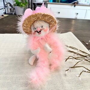Annalee 2005 Easter Bunny Straw‎ Hat 7" Tall Pink Boa Fluffy Pom Pom Tail